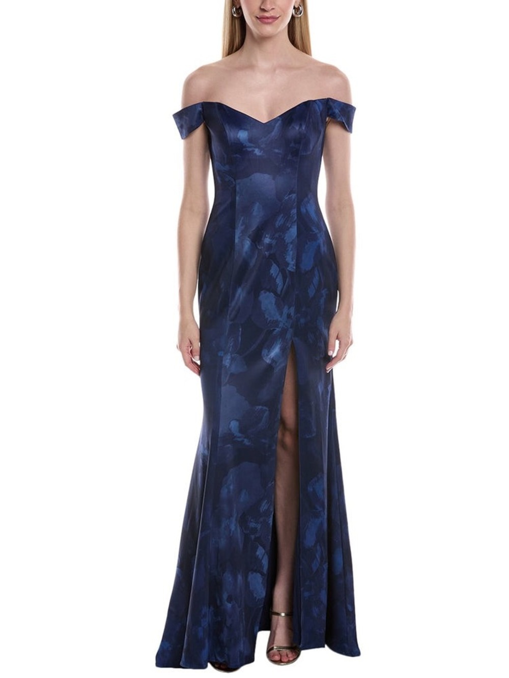 Off-Shoulder Navy Floral Evening Gown